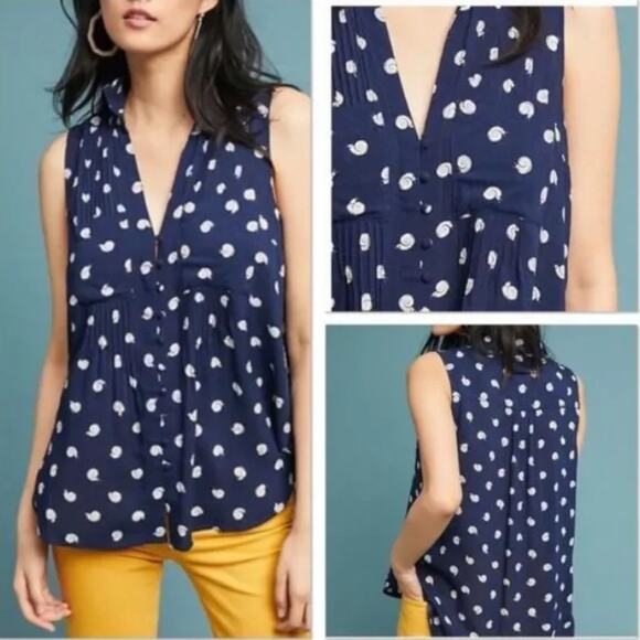 Anthropologie Snail Shirt Conversations Limited Edition Blue Sleeveless Preppy - Picture 1 of 6